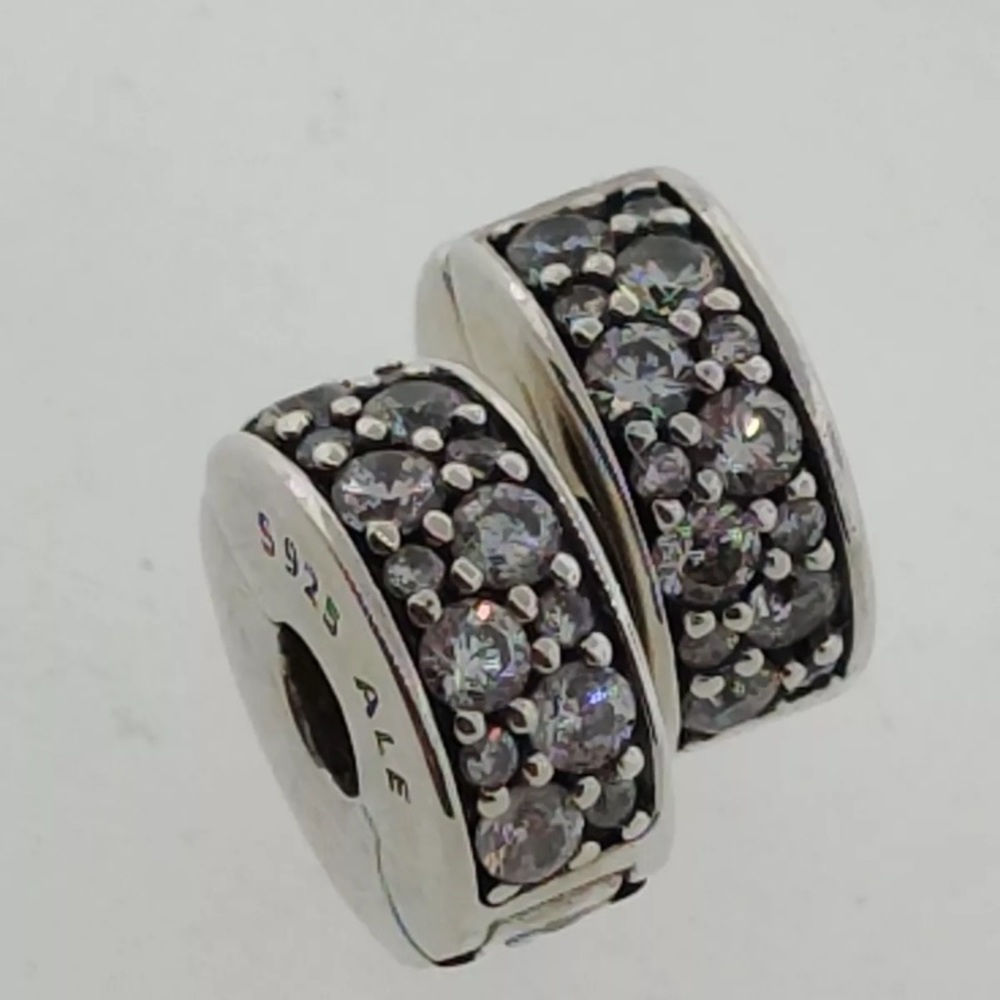 Lot of 2 Sterling Silver Pandora Snap Spacer Beads Pave CZ Design
